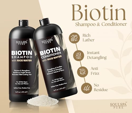 SOULSPA PURE Biotin Rice Water Shampoo & Conditioner Set - 16 fl oz Each, Strengthens Fragile Hair