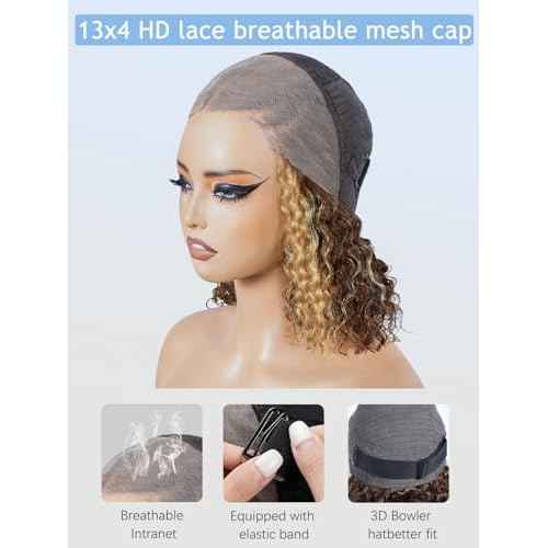 Ready to Go 13x4 Lace Front Wigs Human Hair Highlight 4/27 Braiding Curly Bob Wigs For Black Women Pre Plucked Pre Bleach Natural Hairline Water Wave Lace Front Wigs 200% Density 12 Inch