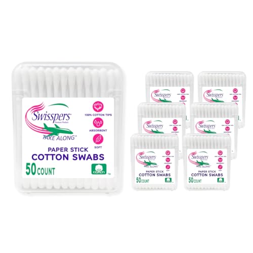 Swisspers Take Along Cotton Swabs, 100% Cotton Double-Tipped, White Paper Sticks, Travel Size, 6-Pack, 50 Swabs Per Packages (300 Swabs Total)