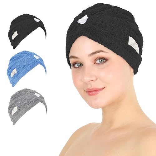 Cotton Hair Towel Wrap with Button - Super Absorbent Turban for Thick Hair