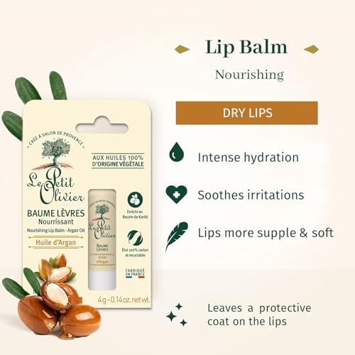 Le Petit Olivier Nourishing Lip Balm Stick - Enriched with Argan Oil - Softens and Smooths Dry Lips - Made with Natural Vegetable Oils - 0.14 oz