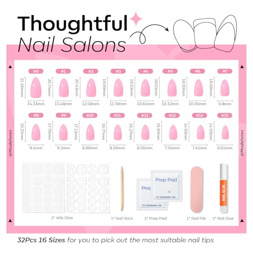 Modelones Pink Almond Press On Nails Kit - 32Pc Set with Glue