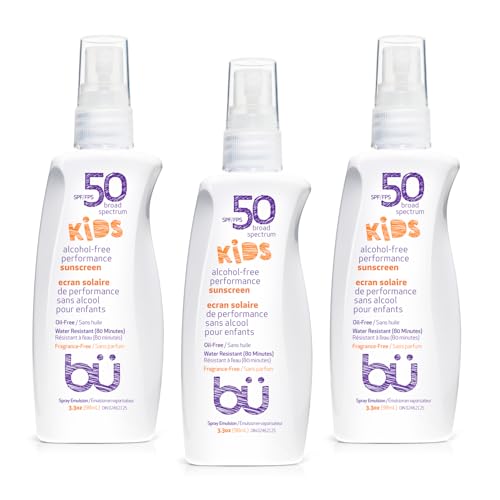 BU SPF 50 Fragrance Free Kids Sunscreen Spray for Face and Body, TSA Travel Size Sunscreen, Clear Non Aeorsol Spray, Non Greasy, Water Resistant and Oil Free, 3.3 oz (3-pack)