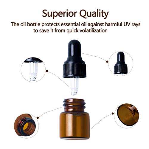 1ml Amber Glass Dropper Bottles, 50 Pack with Caps