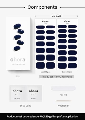 ohora Semi Cured Gel Nail Strips N Royal Navy, Solid Navy, 30 Pack