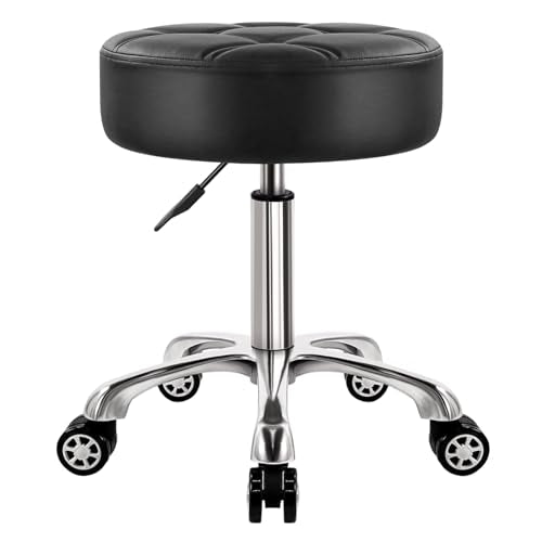 Heavy Duty Rolling Stool with Wheels Hydraulic Lift 360 Swivel Adjustable Rolling Chair Thick Leather Ergonomic Seat Stool Chair for Kitchen Drafting Lab Office Salon Massage Black