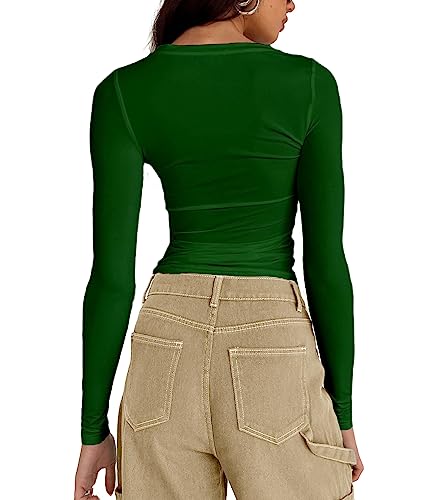 Abardsion Women's Casual Basic Going Out Crop Tops Slim Fit Long Sleeve Crew Neck Tight T Shirts (Dark Green, S)