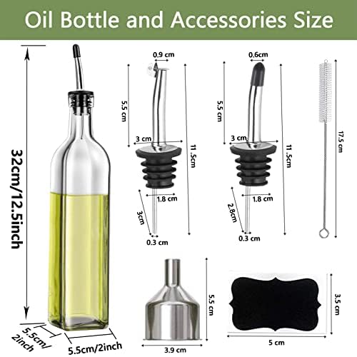 Leaflai Olive Oil Dispenser Bottle, 2 Pcs Glass Olive Oil Dispenser and Vinegar Dispenser Set with 2 Stainless Steel Pourers, 4 Labels,1 Brush and 1 Funnel Oil Bottles for Kitchen (500ml)