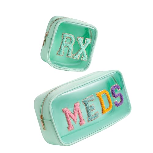 2Pcs Large Chenille Letter Clear Medicine Makeup Bag Set,Nylon PVC Waterproof Rx Meds Pouch with Metal Zipper, Cute Drug First Aid Travel Organizer for Women Girls(2pcs Mint)
