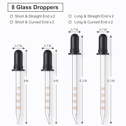 8 Pack, 1 mL Glass Eye Dropper with Measurement - Long & Short, Bent & Straight Tip Calibrated Glass Medicine Droppers, Accurate Dose Pipette Dropper for Essential Oils, Feeding, Ear, Lab, Health Care