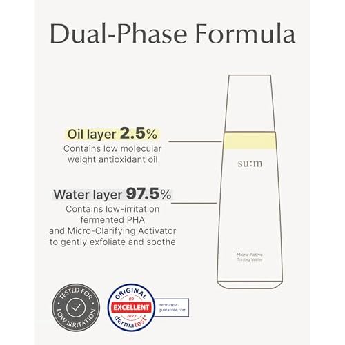 SU:M Micro-Active Toning Water (5.07 fl oz) - Dual-Phase Gentle Exfoliating Toner with Low-Irritation, Improved Skin Texture & Boost Vitality, Korean Skin Care. PHA, Biopeptide.