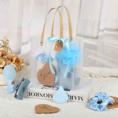 6 Sets Baby Shower Prizes for Game Winners Bath Sponges Heart Cork Coaster Headband Hair Brush Jewelry Box Compact Mirror Powder Puff Hair Tie Claw Gift Bag Bridal Shower