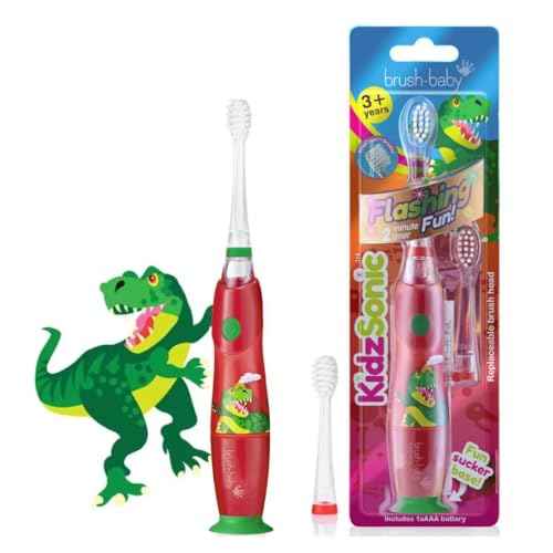 brush-baby - KidzSonic Dinosaur Kids Electric Toothbrush for Ages?3+ with Disco LED Lights, Gentle Sonic Vibrations, 2-Minute Smart Timer & 30?Second Pulse Reminders ? AAA Battery Included
