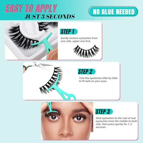 Self Adhesive Eyelashes No Glue Needed, Lash Clusters 8 Pairs Reusable Adhesive Eyelashes,Waterproof Wispy Lashes with Tweezer for Lash Extension at Home by AMZGlRL(4styles-07 D-mix 8-17mm)