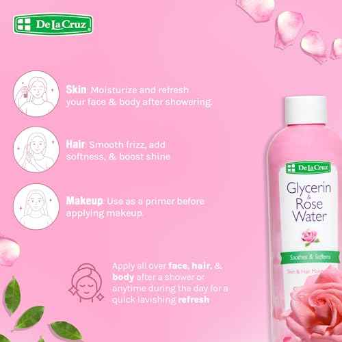 De La Cruz Rose Water and Glycerin for Face - Rosewater Facial Toner and Moisturizer for Skin and Hair 8 fl oz (236 mL) - 2 Bottles