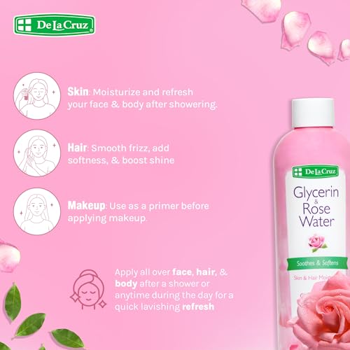 De La Cruz Rose Water and Glycerin for Face - Rosewater Facial Toner and Moisturizer for Skin and Hair 8 fl oz. (236 mL) - 1 Bottle