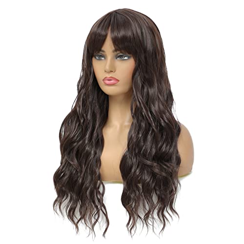 Long Curly Wavy Wig with Bangs - Dark Brown Synthetic Hair