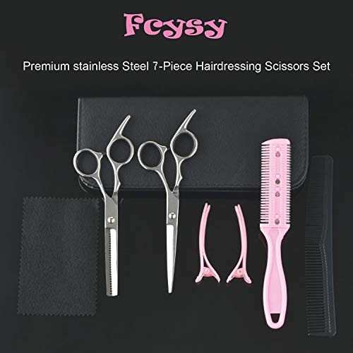 Hair Cutting Scissors Thinning Shears- Fcysy Professional Barber Sharp Hair Scissors Hairdressing Shears Kit with Haircut Accessories in Leather Case for Cutting Styling Hair for Women Men Pet- 7 Pcs