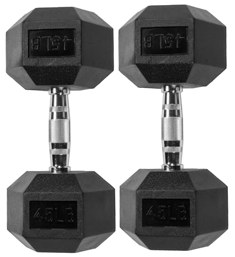 Signature Fitness Rubber Encased Hex Dumbbell, 45LB Pair