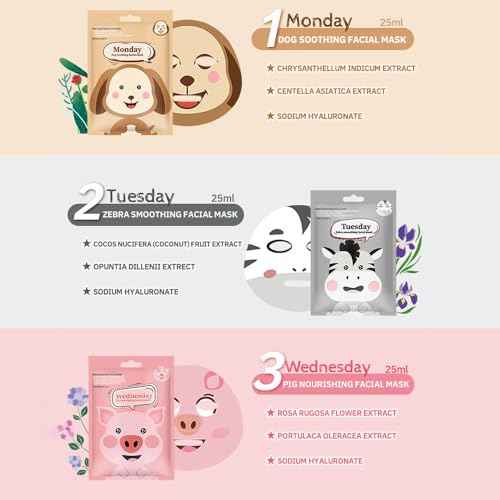 Kaely 7 Pack Kids Face Mask Spa, Animal Face Masks for Kids Teens Women Skincare, Animal Character Sheet Facial Mask for All Skin Types, Girls Night Party Skin Care Set, Birthday Christmas Gifts, 01A