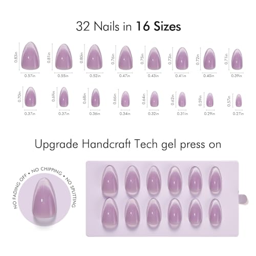 VSALON Press On Nails Short Almond Lavender Purple Cat Eye Design, 32 Pcs in 16 Sizes, Reusable Nail Kit with Long-Lasting UV Glue, Adhesive Tabs, Nail Glue & Nail Lamp