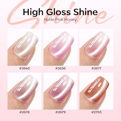 Modelones Cat Eye Gel Nail Polish Set, 6 Colors Nude Pink Brown (A-0 Nude Pink Honey) - Glitter Gel Polish