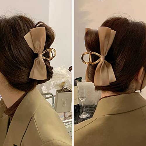 Satin Bow Claw Clip Large Hair Bow Khaki Bow Hair Clip for Women Casual & Formal Wear Stylish and Elegant Big Hair Bow Non-slip Strong Hold For Girls and Women with Thick and Thin Hair