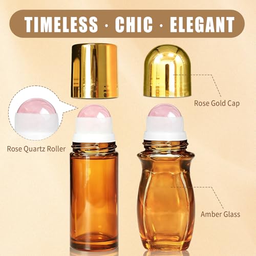Rose Quartz Roller Bottles - 2 Pack 50ml Amber Glass for Oils