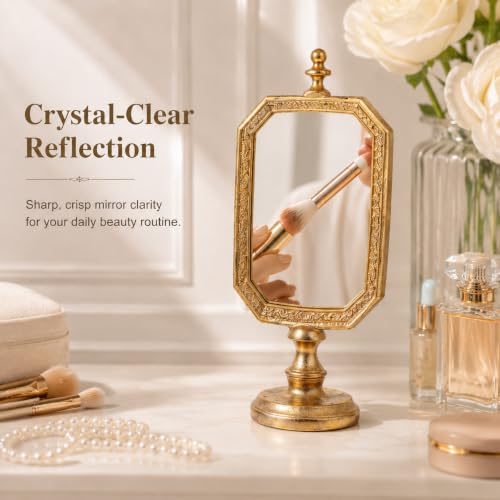 Vintage Gold Makeup Mirror Tabletop with Stand