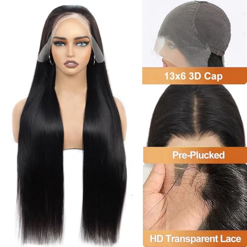 OOVVDA Black 30 Inch Human Hair Lace Front Wig 13x6 HD Straight 200% Density