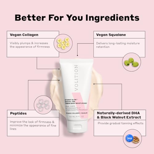 Volition Beauty Getaway Glow Gradual Tan Firming Body Moisturizer with Vegan Collagen + Squalane | Skin Smoothing Cream, Stretchmark Treatment & Sunless Tanning Lotion | Quick Drying Formula