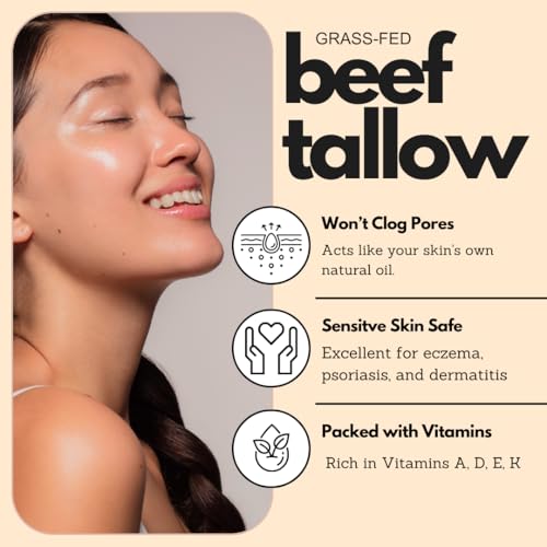 Tallow and Rose Hip Barrier Balm, Grass-Fed Tallow with USA Beeswax and Rosehip Oil, 2oz, All Skin Types, Face and Body (2oz, Bare (unscented))
