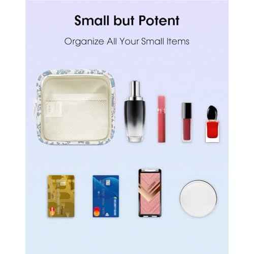 Wandering Nature Clear Makeup Bag for Purse Mini Make up Bag Cute Cosmetic Pouch for Women with Slip-in Pockets Travel Toiletry Essentials Organizer Pouch,Blue Flower