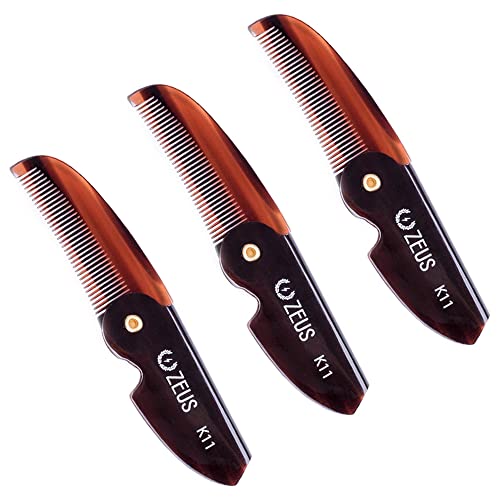 ZEUS Folding Mustache Comb for Men, Handmade Saw-Cut Pocket Comb for Men¡¯s Beard & Moustache Grooming, Compact & Travel Friendly (Traditional) 3 PACK