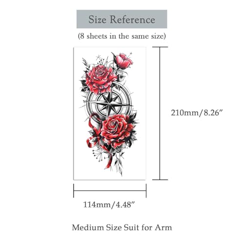 8 Sheets Waterproof Arm Body Art Temporary Tattoo Stickers Red Rose Flower Black Skull Dragon Sword Totem