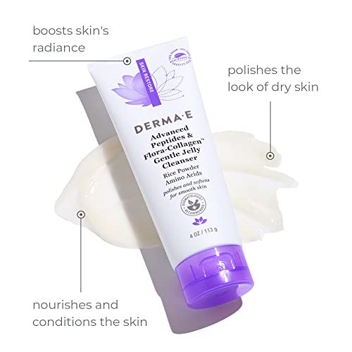 Derma E Advanced Peptides and Vegan Flora-Collagen Gentle Jelly Cleanser – Cleansing Face Wash Brightens, Hydrates and Reduces Appearance of Facial Lines and Wrinkles, 4 Oz