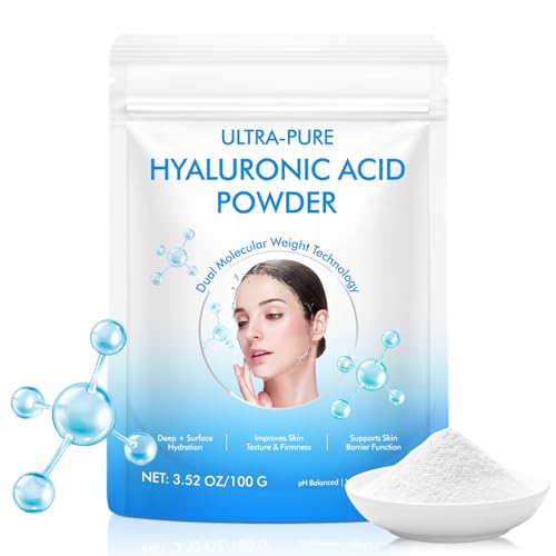Hyaluronic Acid Serum Powder for Skin,Low and High Molecular Weight,Cosmetics Grade Skin Hydration and Moisture Support Supplements - Vegan, Water Soluble 100 Grams