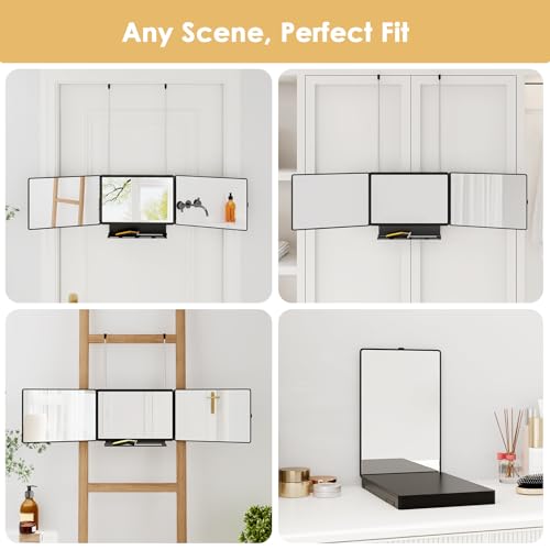 Dripex 3-Way Mirror with Storage Shelf & Height Adjustable Hooks