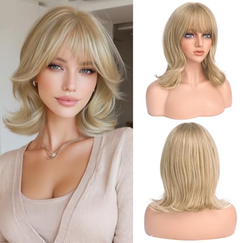 Haloo 14-Inch Blonde Bob Wig with Bangs - Wavy Layered Synthetic Hair