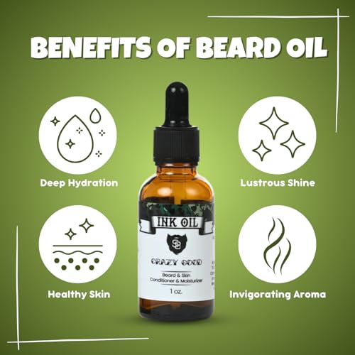 Ink Oil S8 Beard Oil, 1.0 fl oz - Premium Beard Care for Deep Hydration, Healthy Skin, Lustrous Shine - Non-Greasy & Natural Beard Oil for Growth with Vitamin E, Jojoba, Argan, Tea Tree, Eucalyptus