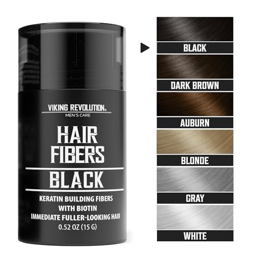 Viking Revolution Black Hair Fibers for Thinning Hair Men - Thick Fiber for Bald Spot Cover Up - Hair Building Fibers with Kerating and Biotin - Hair Fiber for Men for Thicker and Fuller Look (0.52oz)