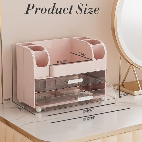 Delamu Pink Large Makeup Organizer with 6 Brush Holders Countertop Storage