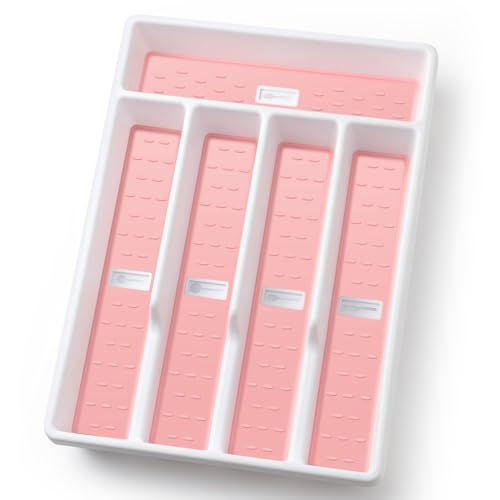 Silverware Organizer with Cutlery Icons，Pink Kitchen Silverware Tray for Drawer，Plastic Flatware Tableware Silverware Drawer Organizer Utensil Organizer with Non-slip TPR Linings，5-Compartment