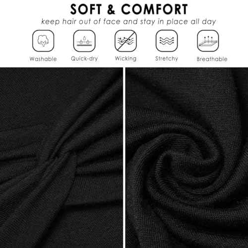 Extra Wide Headbands for Women, 7'' Large Cotton Like Turban Knotted Bandana Head Bands for Women Non Slip, Boho Headbands for Women's Hair (All Black-6Pcs, Extra Large 7" Wide)