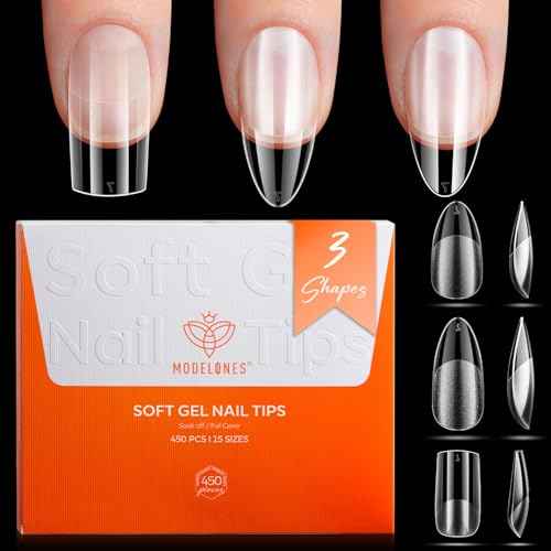 Modelones Medium & Short Almond & Short Square nail tips - Multi-type 3 Styles Set Gel Tips Half Matte Full Cover Clear Acrylic Gel Kit Fake Nails for Extension DIY Salon 450Pcs 15Sizes