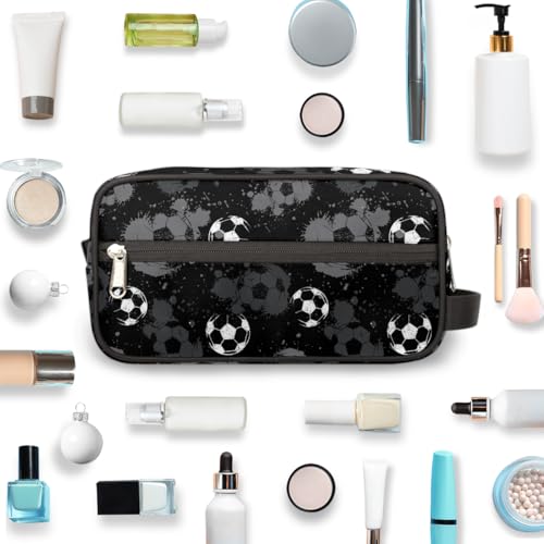 Kids Travel Toiletry Bag - Black White Soccer Ball Waterproof Hanging Cosmetic Hygiene Bags for Boys Men - Large Shave Kit for Toiletries Accessories Bathroom Stuff