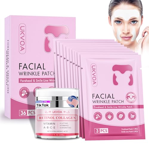 Forehead Wrinkle Patches & Smile Line Patches, Overnight Facial Wrinkle Treatment with Hyaluronic Acid, Aloe, Collagen & Vitamin E to Lift Smile Lines for Women 36pcs with Face Retinol Cream