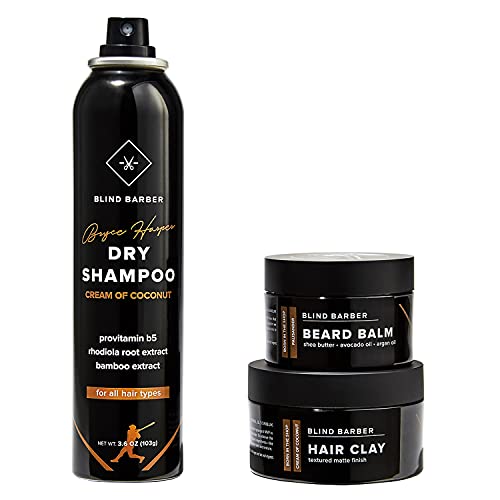 Blind Barber Bryce Harper Signature Series Gift Set - Men¡¯s Hair, Beard & Grooming Kit with Dry Shampoo, Beard Balm, & Hair Clay Styling Paste for Men (3 Piece Set)
