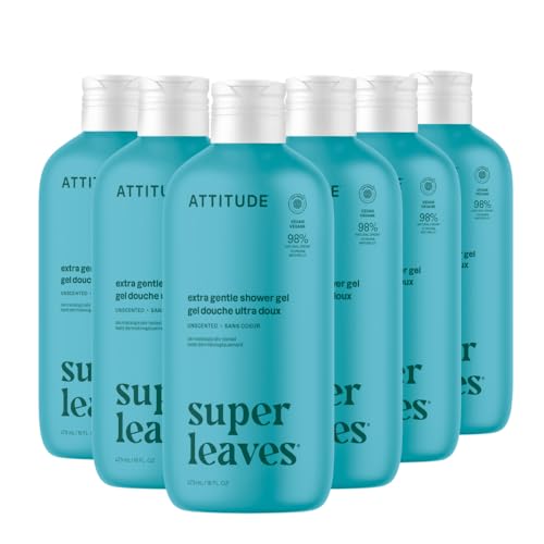 ATTITUDE Body Wash, EWG Verified Shower Gel, Dermatologically Tested, Plant and Mineral-Based, Vegan Personal Care Products, Extra Gentle, Unscented, 16 Fl Oz (Pack of 6)