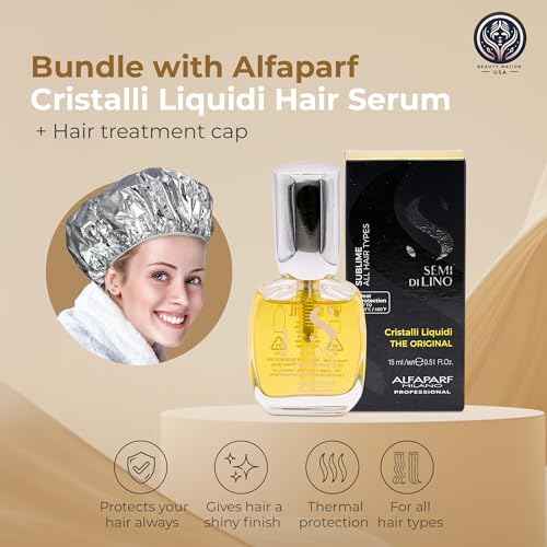Alfaparf Sublime Cristalli Liquidi Hair oil serum Bundle with Beauty Nation treatment cap, sulfate free and vegan formula, Hair heat protectant 15ML